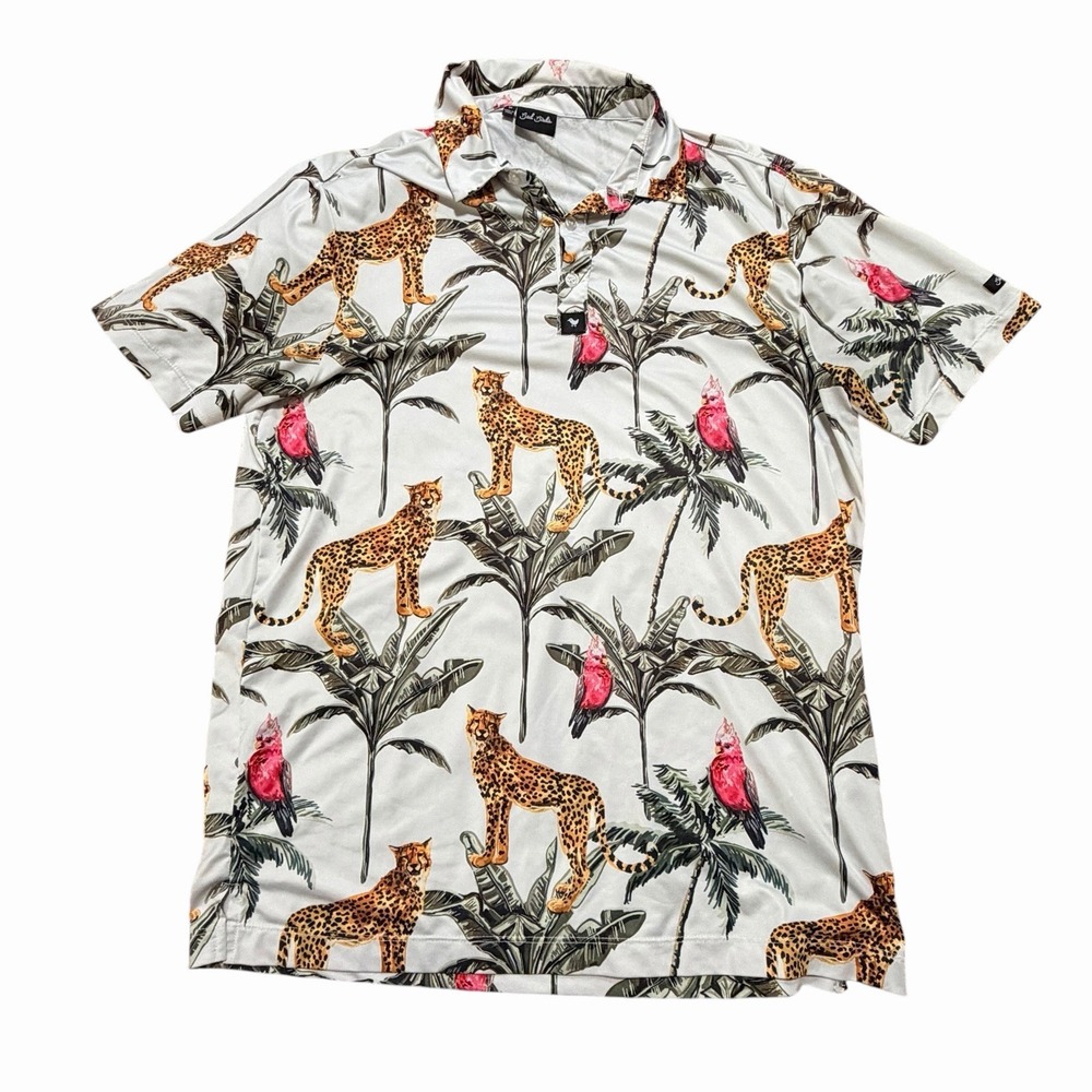 Bad Birdie Polo Shirt Mens Med Blue Tropical Cheetah Leopard Performance Golf